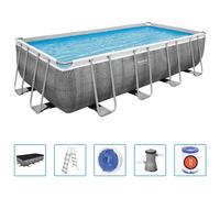 Bestway - Power Steel - Piscine tubulaire avec pompe de filtration et accessoires - 488x244x122 cm - Impression rotin - Rectangulaire