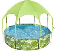 Bestway® Steel Pro™ Piscine à cadre avec toit pare-soleil "Splash-in-Shade" sans pompe Ø 244 x 51 cm, design feuilles vertes, ronde