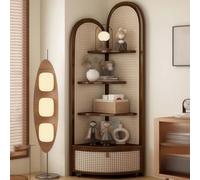 BESTXH Meuble Triangulaire en Rotin Massif, éTagèRe d'angle Multifonction, BibliothèQue à 4 Niveaux sur Pied avec Panier De Rangement, BibliothèQue en éVentail avec Poulie,Walnut Color