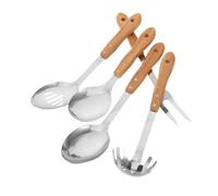 BESTYASH 5 Pièces Bamboo Handle Kitchen Serving Set Stainless Steel Soup Ladle Pasta Fork Salad Spoons Ergonomic Nonstick Friendly Cooking Utensils For Home And Camping