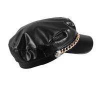 BESTYASH Casquette Béret Femme en Cuir PU Noir à Visière Courte Plate avec Chaîne, Ajustable 56-60 Cm, Chapeau de Marin Vintage pour Sorties Décontractées et Soirées, Respirant et