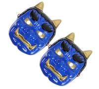BESTYASH Lot de 2 Masques Samouraï Japonerie Bleu en Plastique Robuste Masque Intégral Démon Hannya Cornes Décoration Cosplay et Carnaval pour Restaurant Sushi, Bal Masqué et Soirée Thème