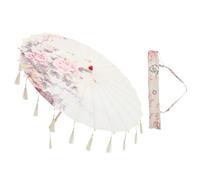 BESTYASH Parapluie de Danse Chinois Délicat en Tissu Synthétique Beige Pompons, Décoration Élégante pour Cosplay et Photographie, Diamètre 82 Cm Paquet de Transport