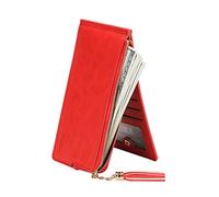 BESTYASH Porte-Monnaie Femme Mini avec Zipper Trousse De Voyage Pratique avec Miroir Cosmétique Et Pompons pour Quotidien Rouge