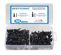 BESTYCHAO Kit de 100 chevilles et vis pour cloison sèche, 50 chevilles murales en nylon et 50 vis, kit d'assortiment de 2 tailles de chevilles autoperceuses pour mur en plaque de plâtre - Noir