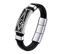 Bestyle Bracelet Viking Homme Bracelet Corde Wax Franc-maçonnerie rectangulaire Acier Inoxydable 11mm de Large 21cm de Long Argent