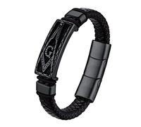 Bestyle Bracelet Viking Homme Prénom Personnalisé Gravure Bracelet Corde Wax Franc-maçonnerie rectangulaire Acier Inoxydable 11mm de Large 21cm de Long Noir