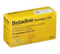 Bétadine - Dermique 10% Solution pour application cutanée en récipient unidose Voie plaies ou brûlures superficielles et peu étendues Unidoses Unidose 10x5ml Solution(S) 50 ml
