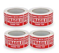 BETCKEY - Autocollants d'Avertissement Fragiles, 50mm x 75mm, HANDLE with CARE FRAGILE THANK YOU", 2000 Autocollants Rouges pour Protéger Les Produits Fragiles - 4 Rouleaux