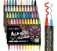 Betem 48 Couleurs Feutre Acrylique à Double Pointe, Stylo Marqueur Peinture Acrylique pour Bois, Toile, Pierre, Tissu, Peinture sur Roche, Verre, Surfaces en Céramique, Objets Artisanaux DIY