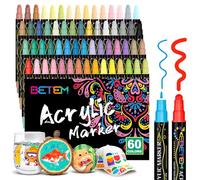 Betem 60 Couleurs Feutre Acrylique à Double Pointe, Stylo Marqueur Peinture Acrylique pour Bois, Toile, Pierre, Tissu, Peinture sur Roche, Verre, Surfaces en Céramique, Objets Artisanaux DIY