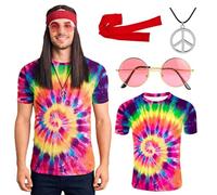 Betensh Annees 70 Deguisement Hippie Homme Femme, Accessoires Hippie Perruque Homme Chemise Lunette Bandeau, Deguisement Disco Homme, Déguisement Adulte pour Carnaval Cosplay XL