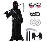 Betensh Déguisement Faucheuse Enfant, Costume de Cosplay de Carnaval d'Halloween de Faucheuse, avec Lunettes Lumineuses + Faux de la Mort + Chaîne + Gants, Adapté aux Enfants de 5 à 14 Ans