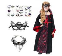 Betensh Déguisement Vampire Fille, Carnaval Costume, Robe Vampire Fille, Costume D'horreur, Robe Carnaval, Comprend un Masque Pour les Yeux, un Collier et Des Autocollants