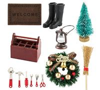 BETESSIN 13PCS Mini Décoration Noël Figure Table Ornement Miniature Sapin Noël Porte Lutin Micro Paysage Statue Lampe à Huile Bottes Caoutchouc Boîte à Outils Balai etc.