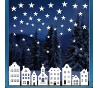 BETESSIN 6 Feuilles Décoration Noël Fenêtre Autocollants Fenêtre Sticker Statique Motif Maisons Étoiles Blanches pour Vitre Porte Magasin