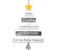 BETESSIN Décoration Suspendue Noël en Bois 15x21cm Panneau Noël Plaque avec Mots français Nous Vous souhaitons Un Joyeux Noel et Une Bonne Année Pancarte Pendentif Sapin de Noël Porte Fenêtre Mur