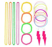 BETESSIN Lot de 20 Déguisement Année 80 Femme - y compris 2pcs Boucles d'Oreilles 4pcs Colliers 4pcs Bracelets Perles et 10pcs Bracelets Silicone - Accessoire Année 80