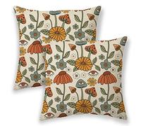 BETGINY Lot de 2 housses de coussin décoratives vintage à motif champignons et plantes abstraites des années 70 pour lit, voiture, safa - Jaune, orange, bleu, 50,8 x 50,8 cm