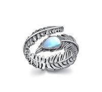 BETHZA Bague réglable en argent sterling 925 oxydé avec plume et pierre de lune véritable pour femme, bijou Navajo pour anniversaire, fête des mères (taille 6-8,5)