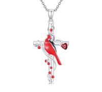 BETHZA Collier avec croix cardinale en argent sterling 925 - Grenat naturel - Oiseau rouge - Pendentif croix religieuse pour femme - Je suis toujours avec vous - Bijou commémoratif pour anniversaire
