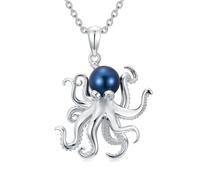 BETHZA Collier de perles noires avec pieuvre véritable en argent sterling 925 - Pendentif animal marin - Bijou océan - Cadeau d'anniversaire