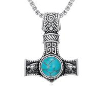 BETHZA Collier marteau de Thor en argent sterling 925 turquoise naturelle Viking nordique Mjolnir amulette pendentif bijoux cadeaux pour homme