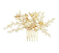 BETITETO Peigne à cheveux de mariée avec perles et feuilles dorées - Accessoire de cheveux pour femme et fille (doré)