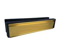 Betley Butterfly Boîte aux lettres en laiton satiné de 30,5 cm, brosses anti-courants d'air, boîte aux lettres en UPVC doré, boîte aux lettres télescopique avec porte de 40 à 80 mm d'épaisseur