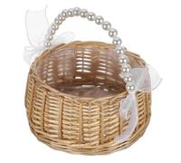 BETOOKY Panier à Fleurs Panier Décoratif en Osier Tressé de Mariage avec Anse Perles et Ruban, Grand Format pour Demoiselle D'honneur pour Cérémonie et Fête Élégante