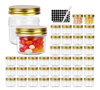 Betrome Lot de 40 bocaux ronds en verre transparent de 100 ml avec couvercles dorés en métal, parfaits pour épices, herbes, miel, confiture, dragées de mariage