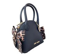 Betsey Johnson Mini sacoche à bandoulière Holly féminine avec nœud imprimé léopard double face et camée doré détachable en similicuir texturé noir
