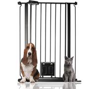 Bettacare Barrière pour Chien avec Chatière Verrouillable, 75cm - 84cm, Noir, Hauteur de 104cm, Barrière de Sécurité pour Animaux Extra Haute avec Chatière pour Chat