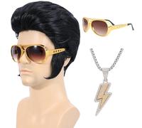 Bettecos Lot de 4 perruques de légende rock années 50 avec lunettes de soleil et collier pour homme, chanteur rock and roll, perruques de costume pour cosplay, fête d'Halloween