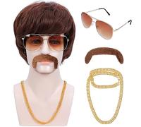 Bettecos Perruque de déguisement pour homme avec moustache, lunettes et chaîne, perruque courte marron à poils longs disco pour chanteur, rocker, hippie, rétro, cosplay, fête d'Halloween