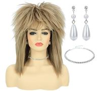 Bettecos Tina Rock Diva Perruque avec collier et boucles d'oreilles pour femme avec gros cheveux blonds années 70 80 Rocker Mullet Perruque glamour punk rock rockstar cosplay pour fête d'Halloween