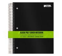 Better Office Products Cahier à spirales 5 sujets avec couverture en polyéthylène noire, règle universitaire, carnet de 200 feuilles avec 4 intercalaires de poche double face, 28 x 21,6 cm