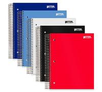Better Office Products Lot de 5 cahiers à spirales 5 sujets, couvertures en polyéthylène de couleurs assorties, règle universitaire, carnet de 200 feuilles avec 4 intercalaires de poche double face, 28 x 21,6 cm