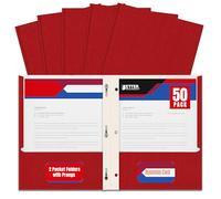 Better Office Products Lot de 50 dossiers à 2 poches avec griffes, texture mate, format lettre, avec 3 clips de fixation en métal, rouge