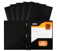 Better Office Products Plastique Noir 2 broches de poche de dossiers avec, lourd, Lettre Taille Poly dossiers, Lot de 24, fermeture en métal avec 3 dents, clips de fixation, Noir