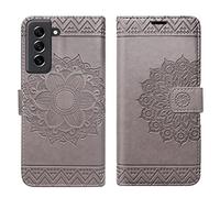 betterfon Coque de protection pour Samsung Galaxy S21 FE 5G, Galaxy S21 FE 5G - (Non compatible avec S21, S21+, S21 Ultra) Étui à rabat en cuir synthétique pour Samsung S21 FE 5G, gris mandala