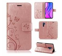 betterfon Étui de protection compatible avec Xiaomi Redmi 9T, en cuir synthétique, portefeuille, pour Redmi 9T, motif de fleurs, or rose