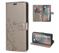 betterfon Étui de protection pour téléphone portable compatible avec Samsung Galaxy S25 FE, en cuir synthétique, portefeuille avec fleurs, gris
