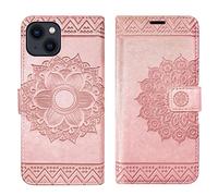 betterfon Étui pour iPhone 13 Mini - Étui à rabat avec compartiment pour cartes, fonction support - TPU épais - Mandala - Or rose