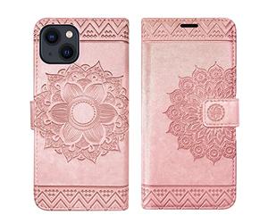 betterfon Étui pour iPhone 13 Mini - Étui à rabat avec compartiment pour cartes, fonction support - TPU épais - Mandala - Or rose