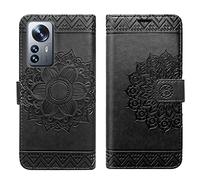 betterfon Étui Téléphone Coque de protection pour Xiaomi 12 5G - Coque Xiaomi 12X 5G - Étui à rabat avec [emplacements pour cartes] [qualité TPU] Compatible avec Xiaomi 12 / 12X, Mandala Noir