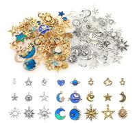 BetterJonny 130 Pièces Breloques Charms, Étoile Lune Soleil Pendentifs Artisanaux Accessoires Tibétain en Métal Émail Charmes Pendentifs pour Bracelet Collier Fabrication et Artisanat,Argent et bleu