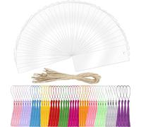 BetterJonny Lot de 118 marque-pages vierges en acrylique transparent avec 48 pompons et 30 cordes rectangulaires non finies pour projets de classe et étiquettes cadeaux