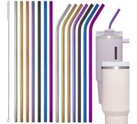 BetterJonny Lot de 14 pailles réutilisables en acier inoxydable 30 cm 7 droites 7 courbées 1 brosse de nettoyage pour cocktails, smoothies, jus de fruits