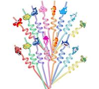 BetterJonny - Lot de 16 pailles réutilisables en plastique pour enfant - Motif dessin animé - Pour anniversaire, fête hawaïenne, décoration (animaux marins B)